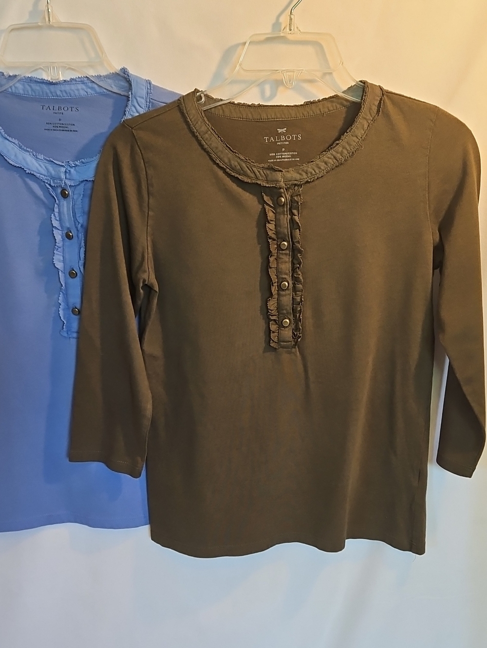 Talbots Olive And Blue Ruffle-Trim Henley Tops with Button Placket
